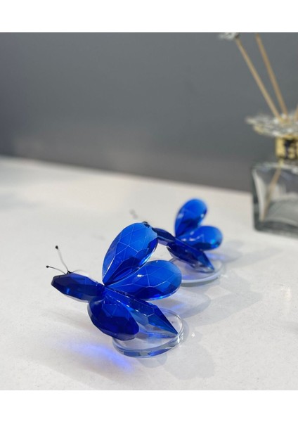 Dekoratif Kristal Cam Ikili Kelebek Biblo Mavi