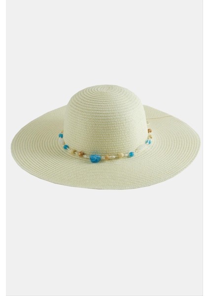 Sepetim Boncuklu Hasır Şapka-Krem