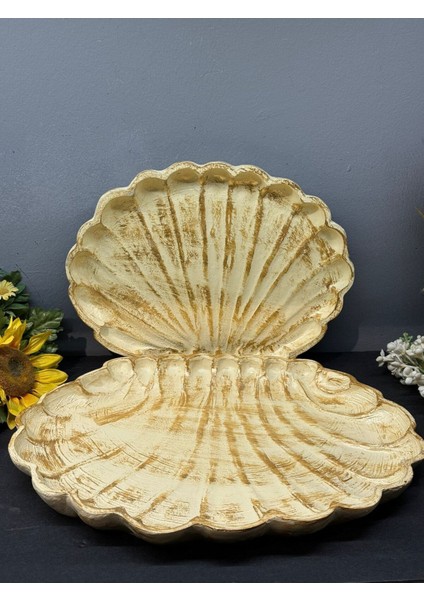 Dekoratif Polyester Ikili Istiridye Tepsi Sunumluk Krem Gold Eskitme fiyatları