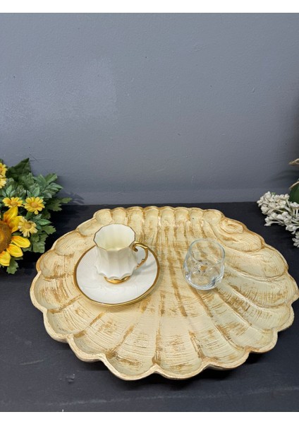 Dekoratif Polyester Ikili Istiridye Tepsi Sunumluk Krem Gold Eskitme indirimleri