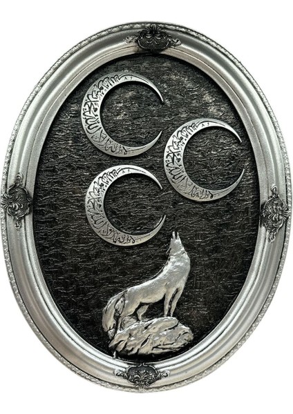 Dekoratif Polyester Oval Üç Hilal Bozkurtlu Tablo Gümüş