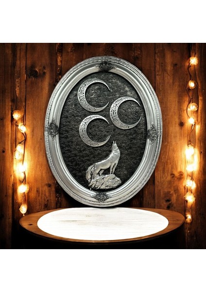 Dekoratif Polyester Oval Üç Hilal Bozkurtlu Tablo Gümüş modelleri