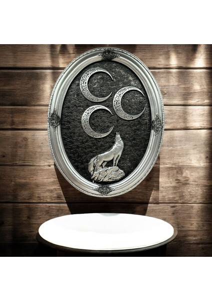 Dekoratif Polyester Oval Üç Hilal Bozkurtlu Tablo Gümüş fırsatları