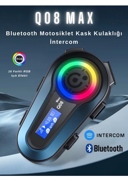 Q08 Max Rgb Işık Efektli Intercom Bluetooth Motosiklet Kask Kulaklığı Intercom Kulaklık