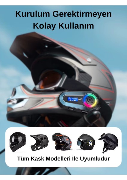 Q08 Max Rgb Işık Efektli Intercom Bluetooth Motosiklet Kask Kulaklığı Intercom Kulaklık