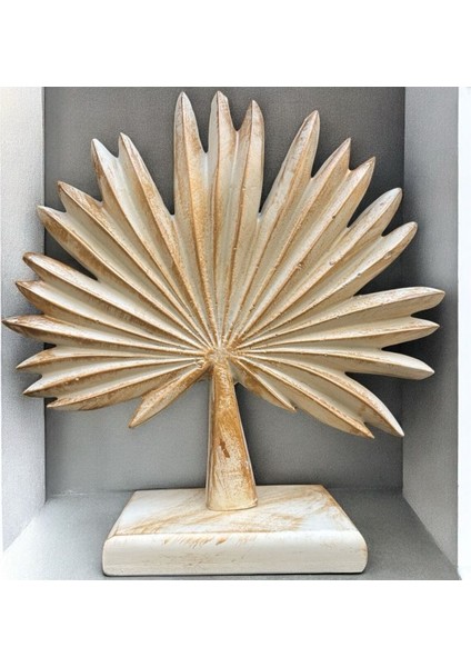 Dekoratif Polyester Tekli Dik Yelpaze Yaprak Krem-Gold Eskitme