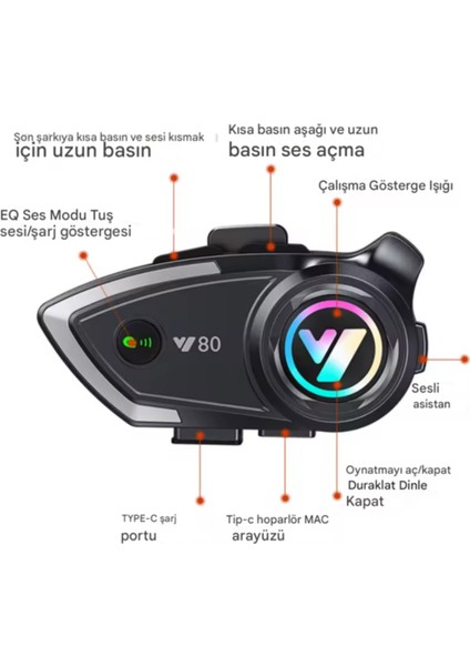 Y80 Interkom Motosiklet Kask Kulaklık Bluetooth 5.3 Type-C Su Geçirmez Intercom Set Iphone Android