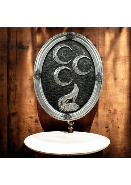 Dekoratif Polyester Oval Üç Hilal Bozkurtlu Tablo Gümüş indirimleri