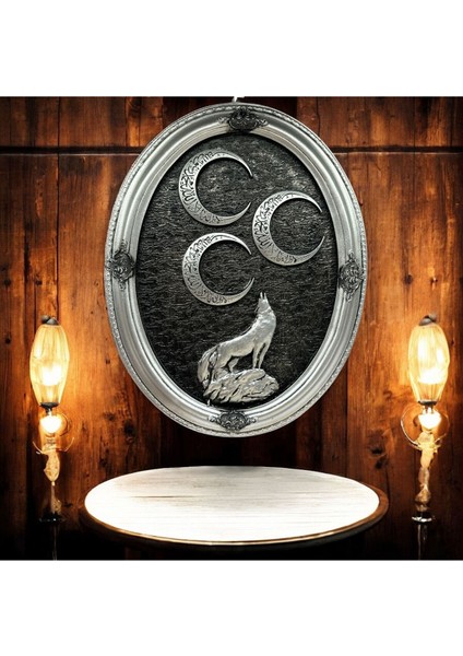 Dekoratif Polyester Oval Üç Hilal Bozkurtlu Tablo Gümüş