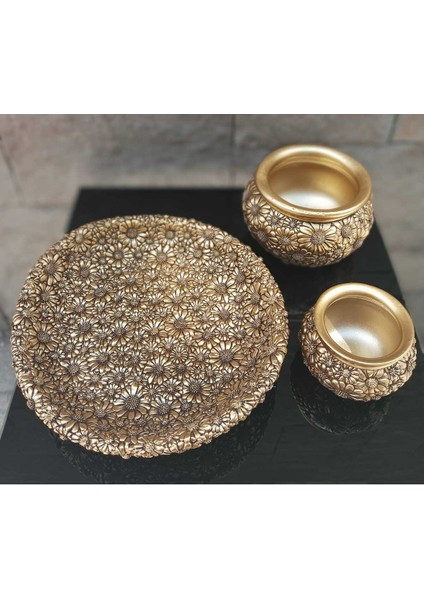 Dekoratif Polyester Üçlü Tabaklı Papatyalı Vazo Seti Gold
