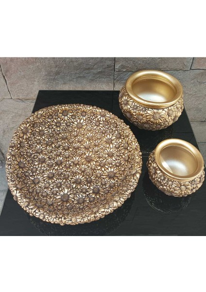 Dekoratif Polyester Üçlü Tabaklı Papatyalı Vazo Seti Gold fiyatları