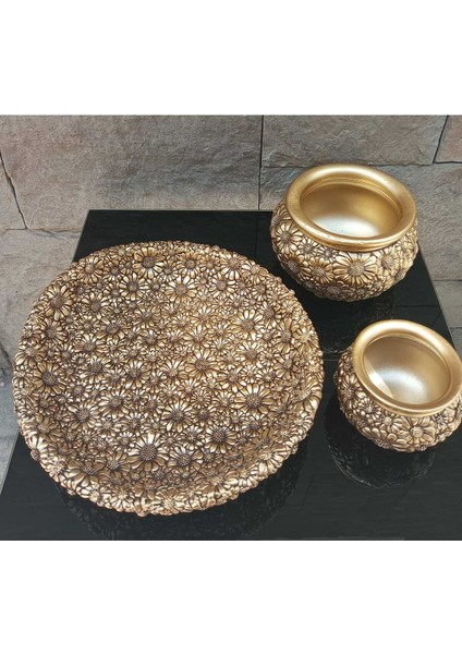 Dekoratif Polyester Üçlü Tabaklı Papatyalı Vazo Seti Gold fırsatları