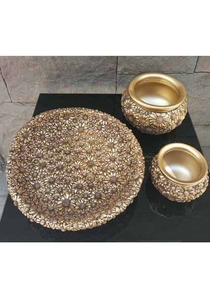Dekoratif Polyester Üçlü Tabaklı Papatyalı Vazo Seti Gold indirimleri