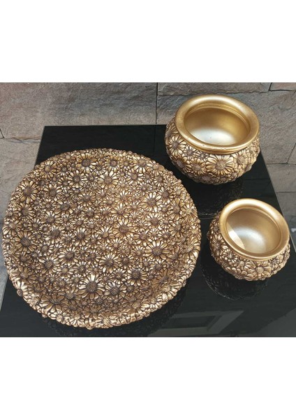 Dekoratif Polyester Üçlü Tabaklı Papatyalı Vazo Seti Gold