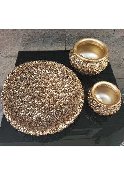 Dekoratif Polyester Üçlü Tabaklı Papatyalı Vazo Seti Gold
