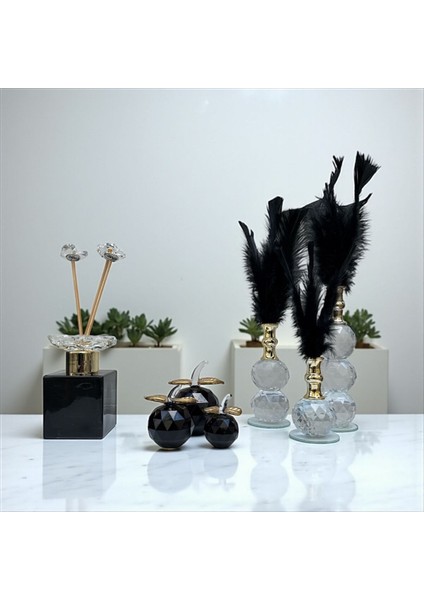 Dekoratif Kristal 10 Parça Üçlü Elma-Üçlü Tüy-Koku Şişesi Siyah-Gold