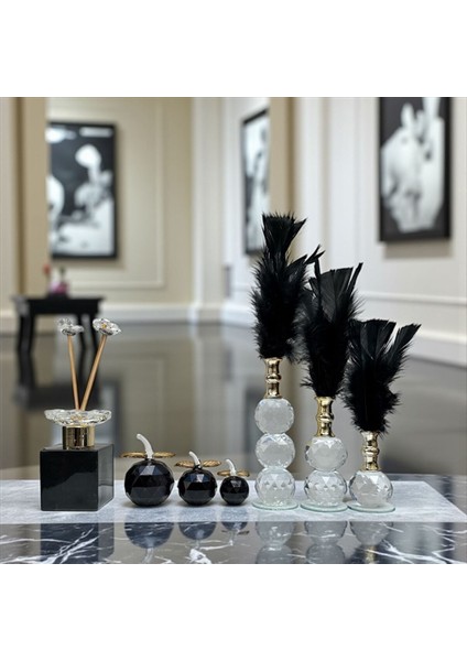 Dekoratif Kristal 10 Parça Üçlü Elma-Üçlü Tüy-Koku Şişesi Siyah-Gold modelleri