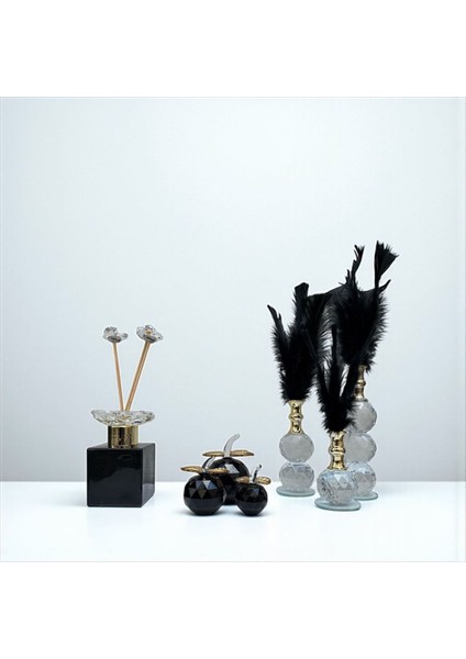 Dekoratif Kristal 10 Parça Üçlü Elma-Üçlü Tüy-Koku Şişesi Siyah-Gold fırsatları
