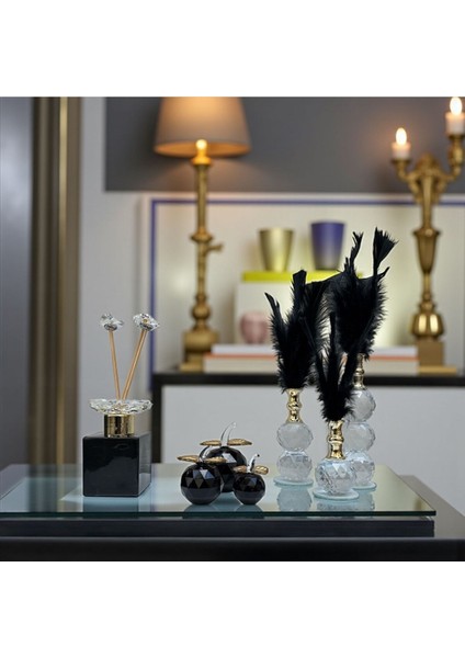Dekoratif Kristal 10 Parça Üçlü Elma-Üçlü Tüy-Koku Şişesi Siyah-Gold
