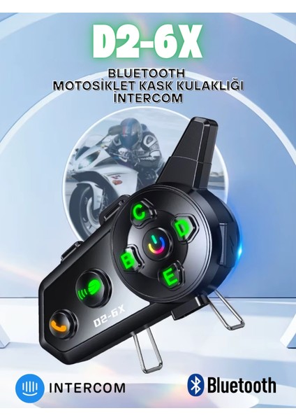 D2-6x 1000M Mesafeli 6 Kanallı Intercom Bluetooth Motosiklet Kask Kulaklığı Intercom Kulaklık