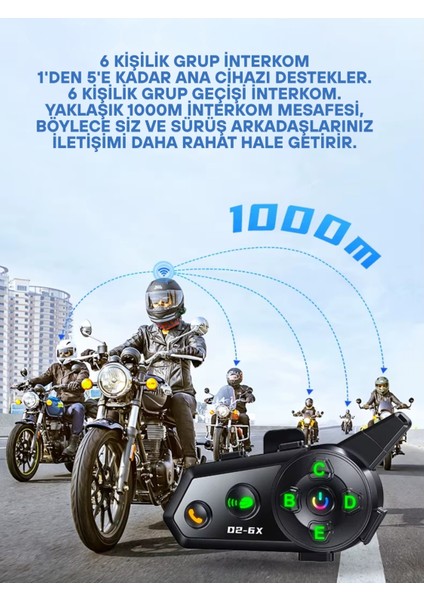 D2-6x 1000M Mesafeli 6 Kanallı Intercom Bluetooth Motosiklet Kask Kulaklığı Intercom Kulaklık fiyatları