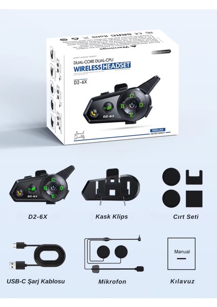 D2-6x 1000M Mesafeli 6 Kanallı Intercom Bluetooth Motosiklet Kask Kulaklığı Intercom Kulaklık