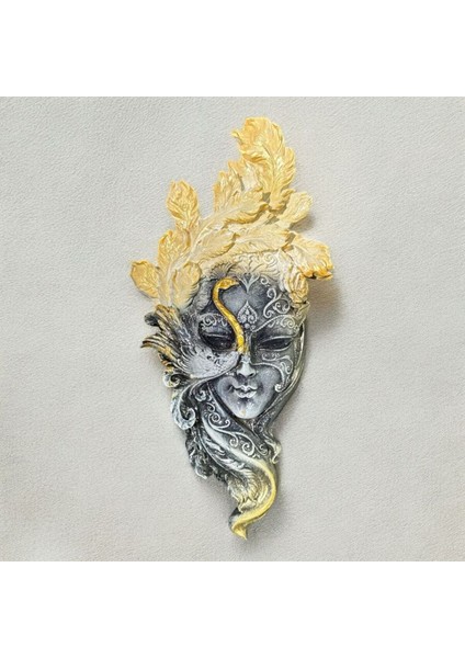 Dekoratif Polyester Duvara Asmalı Tavus Kuşu Kadın Yüz Maske Tablo Krem Gri