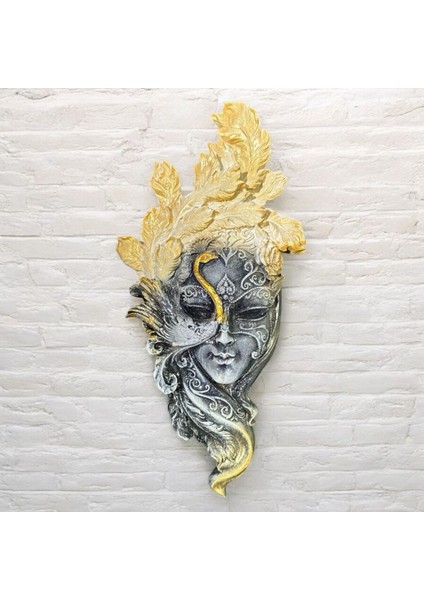 Dekoratif Polyester Duvara Asmalı Tavus Kuşu Kadın Yüz Maske Tablo Krem Gri
