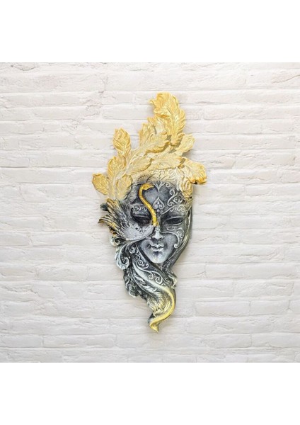 Dekoratif Polyester Duvara Asmalı Tavus Kuşu Kadın Yüz Maske Tablo Krem Gri