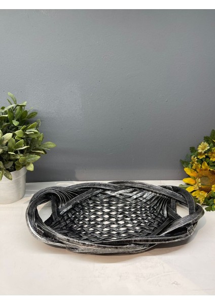 Dekoratif Polyester Tekli Hasır Sunumluk Tepsi Gümüş Siyah Eskitme