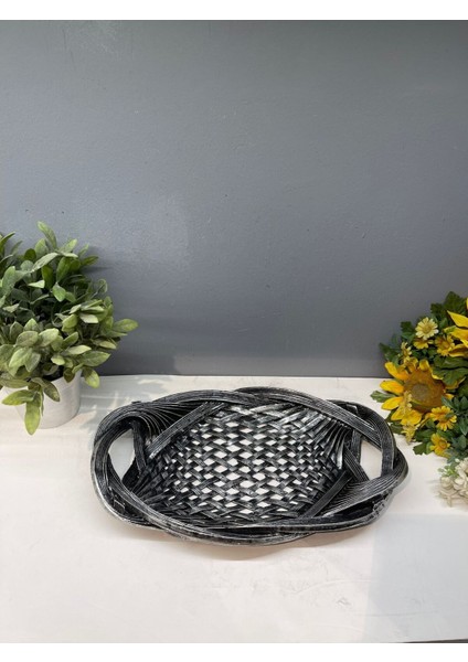 Dekoratif Polyester Tekli Hasır Sunumluk Tepsi Gümüş Siyah Eskitme fiyatları