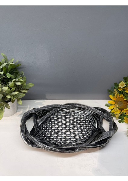 Dekoratif Polyester Tekli Hasır Sunumluk Tepsi Gümüş Siyah Eskitme modelleri