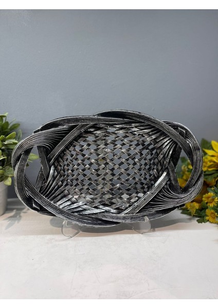 Dekoratif Polyester Tekli Hasır Sunumluk Tepsi Gümüş Siyah Eskitme fırsatları
