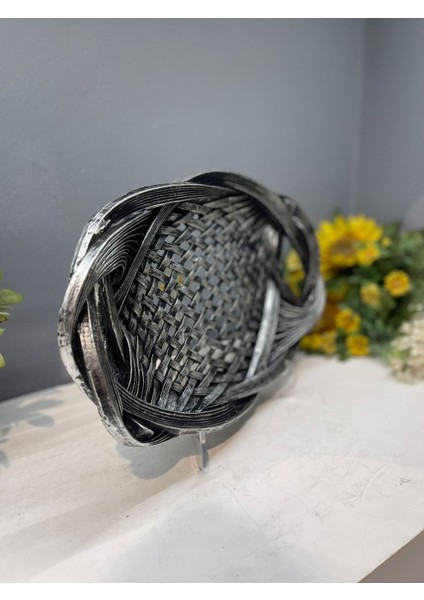 Dekoratif Polyester Tekli Hasır Sunumluk Tepsi Gümüş Siyah Eskitme indirimleri