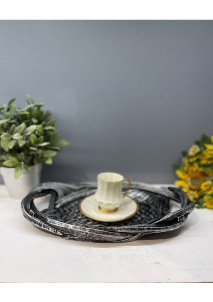 Dekoratif Polyester Tekli Hasır Sunumluk Tepsi Gümüş Siyah Eskitme