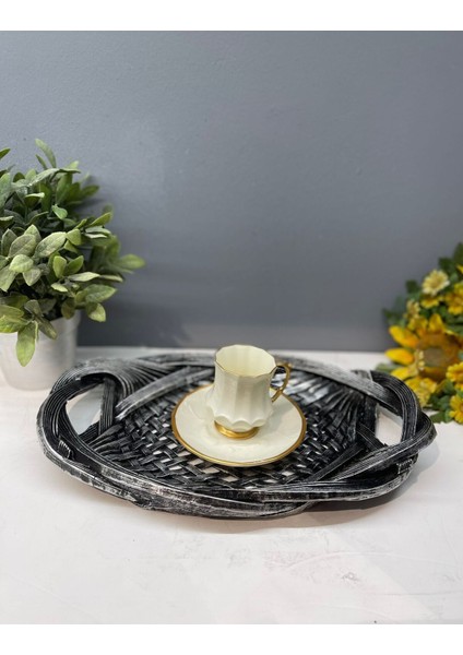 Dekoratif Polyester Tekli Hasır Sunumluk Tepsi Gümüş Siyah Eskitme