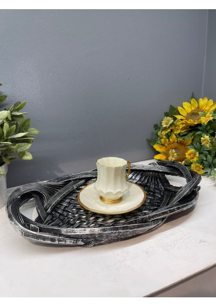 Dekoratif Polyester Tekli Hasır Sunumluk Tepsi Gümüş Siyah Eskitme