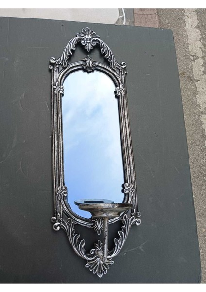 Dekoratif Polyester Tekli Niş Dikdörtgen Aynalı Mumluk Takımı Gümüş Eskitme