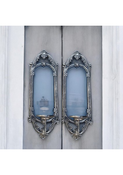 Dekoratif Polyester Tekli Niş Dikdörtgen Aynalı Mumluk Takımı Gümüş Eskitme fiyatları