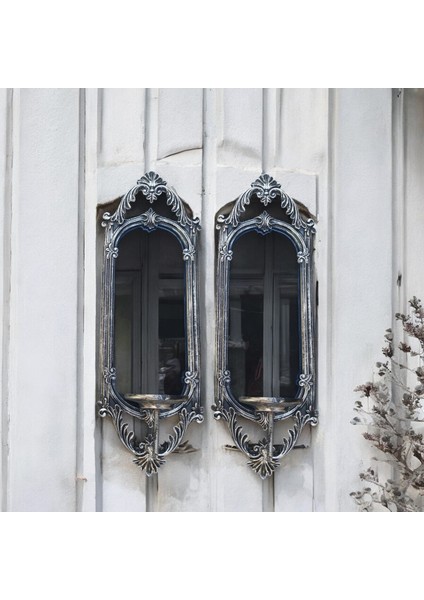 Dekoratif Polyester Tekli Niş Dikdörtgen Aynalı Mumluk Takımı Gümüş Eskitme modelleri
