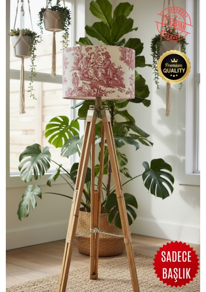Vintage Toile De Jouy Desenli Lambader Başlığı Kırmızı