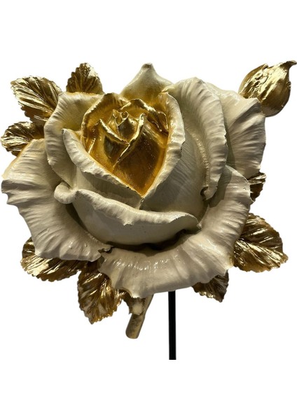 Dekoratif Polyester Ikili Dik Gül Çiçek Krem Gold Eskitme