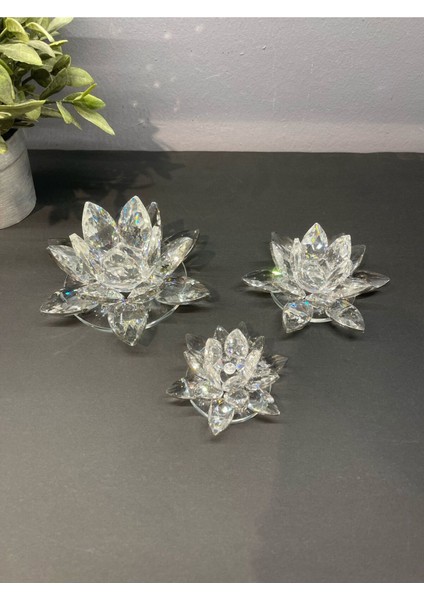 Dekoratif Kristal Cam Üçlü Lotus Mumluk Şeffaf Gümüş fiyatları