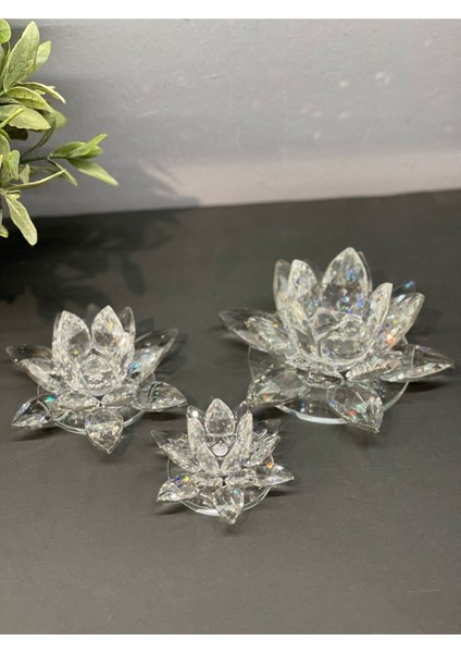 Dekoratif Kristal Cam Üçlü Lotus Mumluk Şeffaf Gümüş