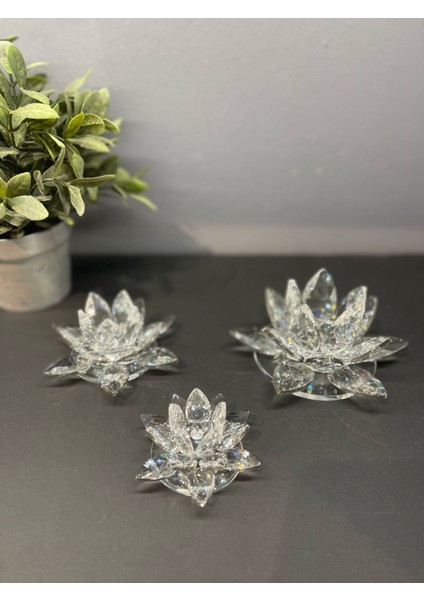 Dekoratif Kristal Cam Üçlü Lotus Mumluk Şeffaf Gümüş