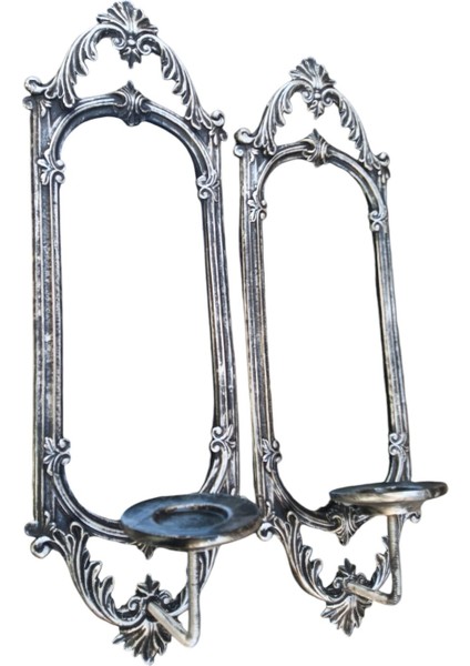 Dekoratif Polyester Tekli Niş Dikdörtgen Aynalı Mumluk Takımı Gümüş Eskitme