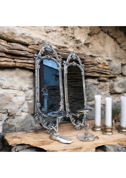 Dekoratif Polyester Tekli Niş Dikdörtgen Aynalı Mumluk Takımı Gümüş Eskitme