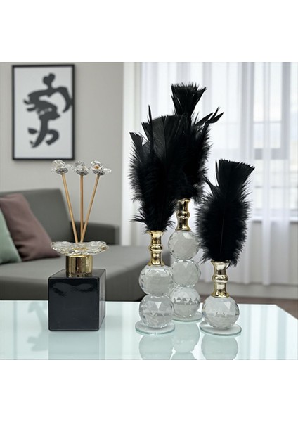Dekoratif Kristal 7 Parça Üçlü Tüy-Koku Şişesi Siyah-Gold