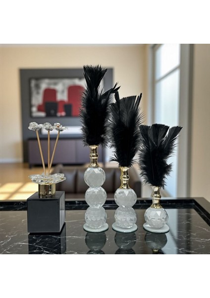 Dekoratif Kristal 7 Parça Üçlü Tüy-Koku Şişesi Siyah-Gold modelleri