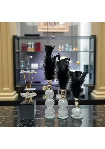 Dekoratif Kristal 7 Parça Üçlü Tüy-Koku Şişesi Siyah-Gold fırsatları